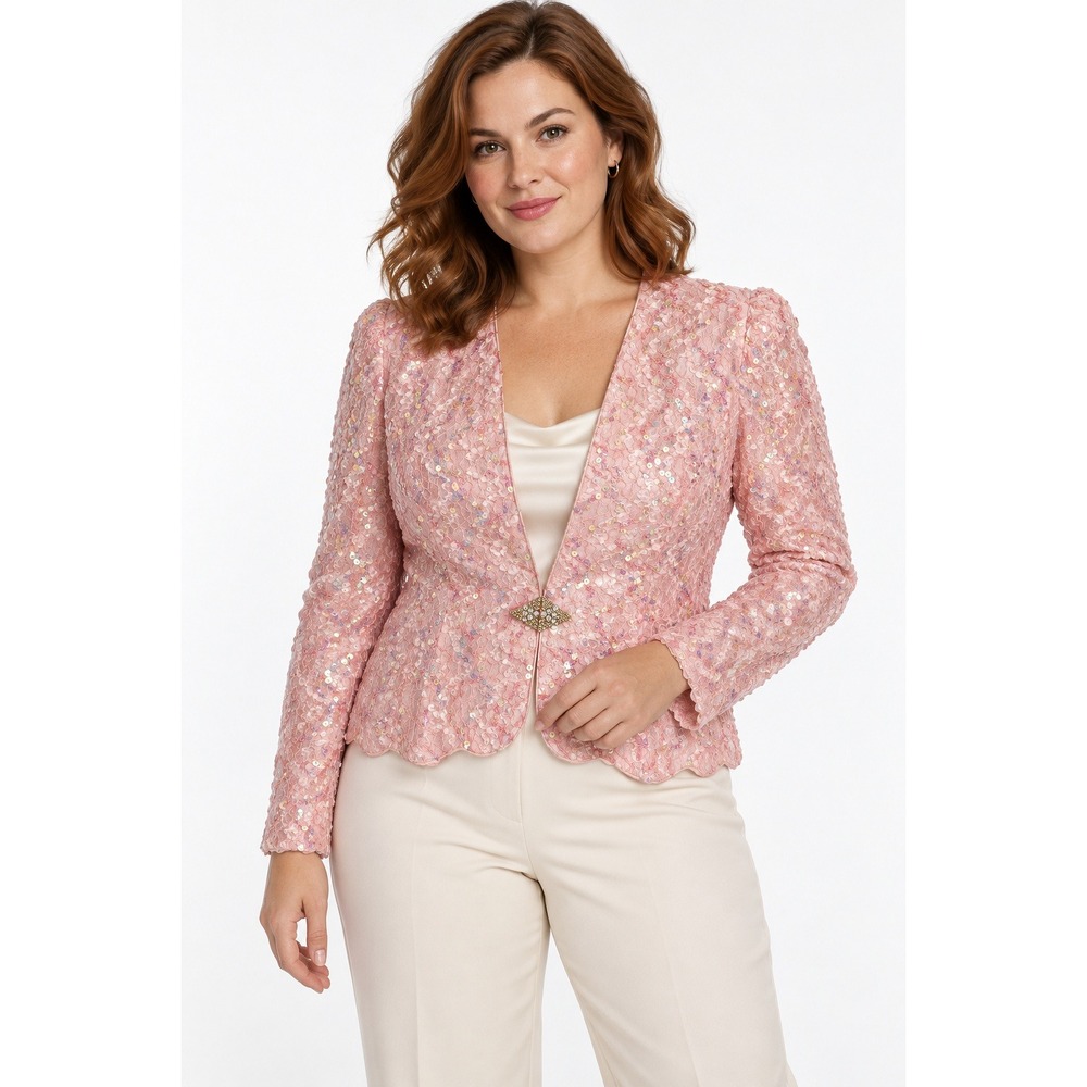 Coquette Sequin Lace Jacket Pink Rhinestone Clasp Iridescent Glam Vintage 90s
